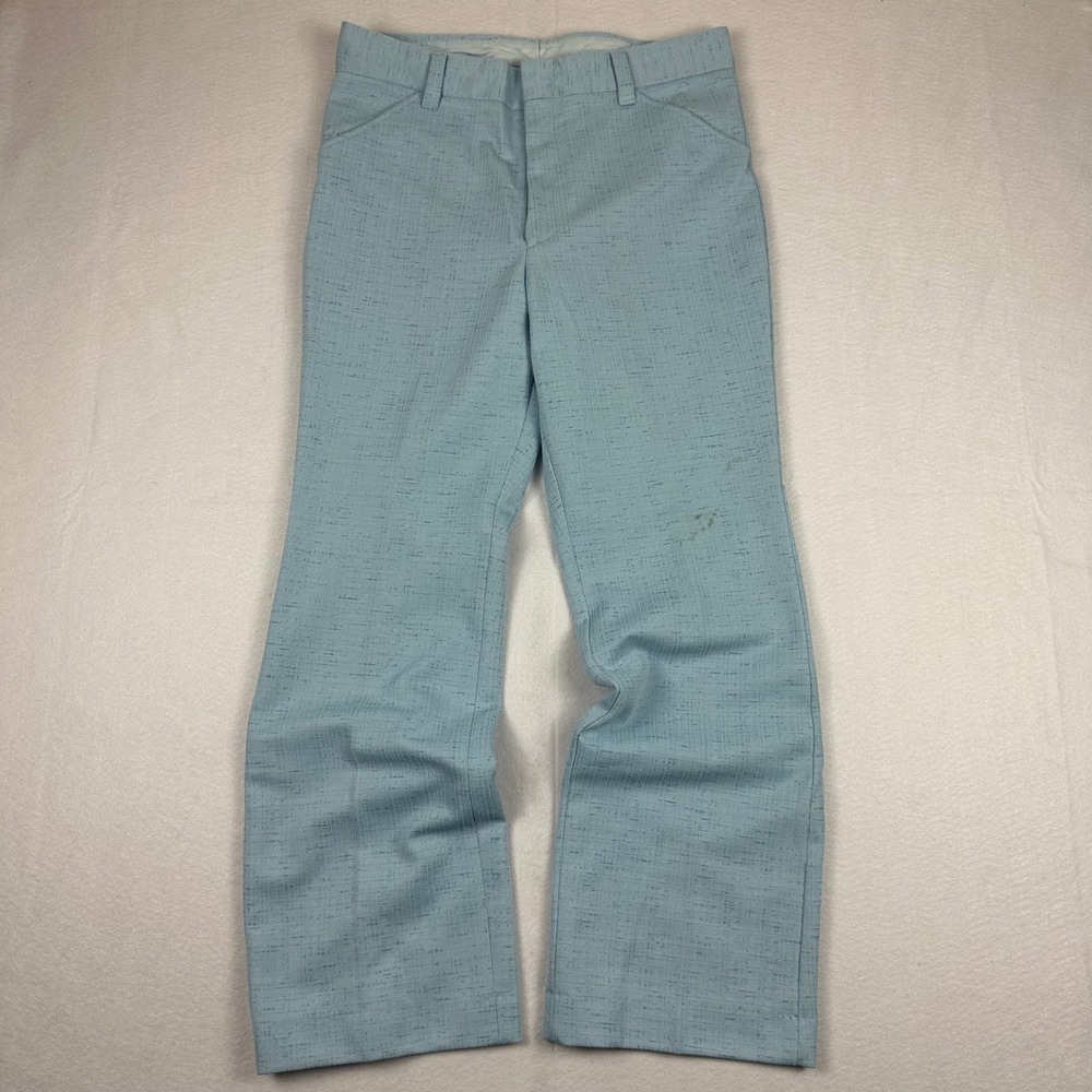 Vintage 70s Mens Blue Knit Flare Pants Permanently Pressed Trousers Size 33x30